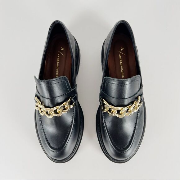 Anthropologie Black Leather Lug Sole Platform Loafers With Gold Chain Size 6 - Picture 5 of 10